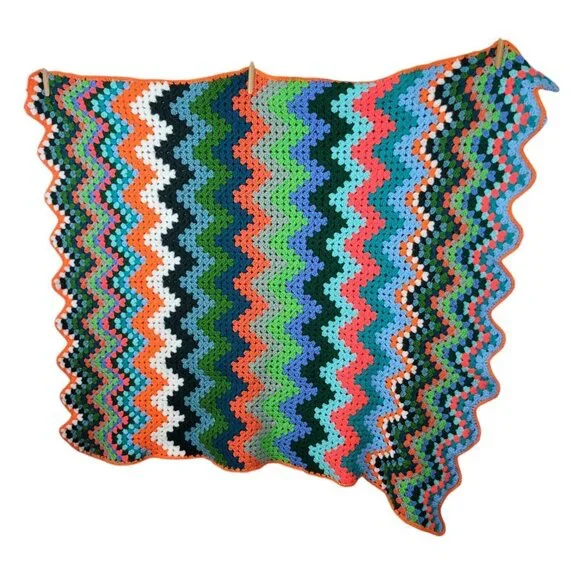 Hand Knit Afghan Zig Zag Chevron Vintage Lap Robe Granny Colorful 45x39” Throw - Picture 3 of 10